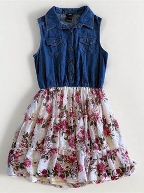 Zunie Denim Floral Tiered Dress Girls Sleeveless Spring